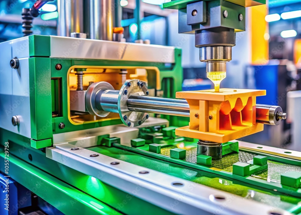 Automatic Plastic Injection Molding Machine at Trade Show: Macro Photography of Manufacturing Technology in Action Automatic Plastic Injection Molding Machine at Trade Show: Macro Photography of Manufacturing Technology in Action