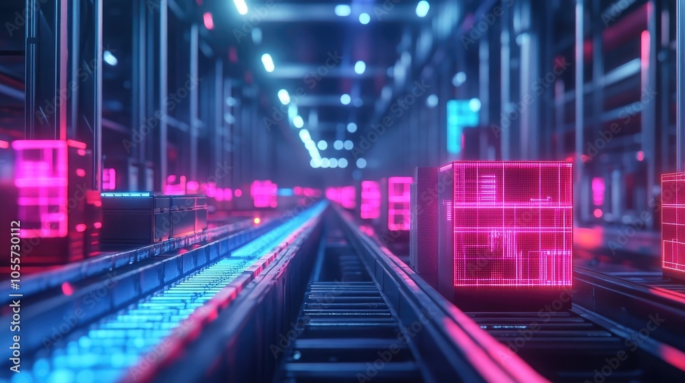 3D Rendering of Glowing Boxes on Conveyor Belt in Warehouse, Technology and Logistics Concept with Holographic Elements
