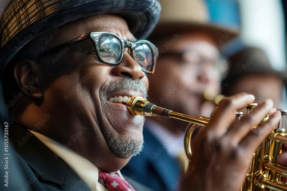 Obraz premium Musician playing trumpet, joyful expression, band performance, close-up.