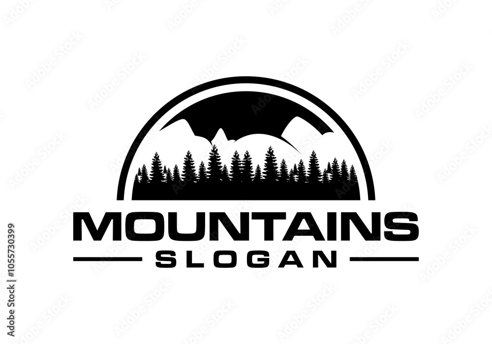 Vector logo of mountains hills pine trees river valley. green nature design.