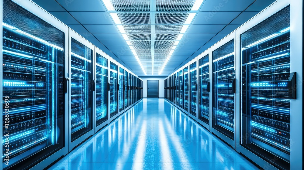 Fototapeta premium Futuristic Data Center Interior in Blue Lighting