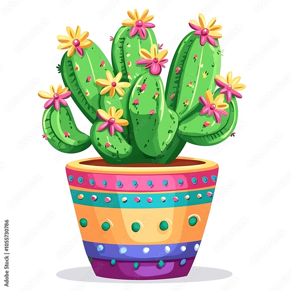 Cartoon cactus in a colorful pot with small flowers on a white background. Cartoon cactus in a colorful pot with small flowers on a white background.