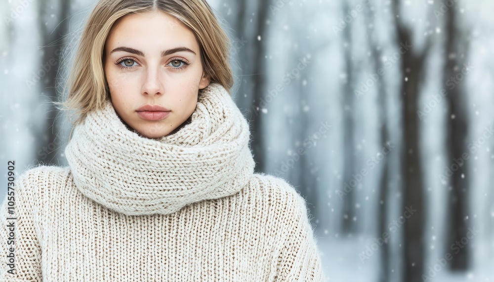 Cozy oversized knit sweater with chunky scarf, set against a snowy forest backdrop, casual winter style, winter fashion, cozy knitwear Cozy oversized knit sweater with chunky scarf, set against a snowy forest backdrop, casual winter style, winter fashion, cozy knitwear
