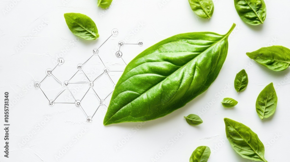 Obraz premium Basil leaf with flavonoid structure overlay, showcasing health-promoting compounds, isolated on white