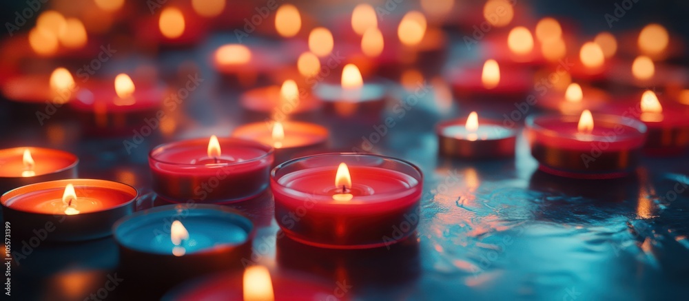 Many red tealight candles burning on a reflective surface. Many red tealight candles burning on a reflective surface.