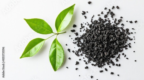 Black tea leaf with catechin structure overlay, representing antioxidant content, isolated on white photo