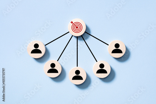 Customer focus target group and relationship management concept, people icons linked with target goal