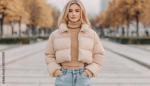 Youthful winter look with cropped puffer jacket, highwaisted jeans, and chunky boots, set in a modern urban park, winter fashion, youthful urban style photo