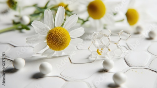 Chamomile flower with bisabolol molecular structure, representing calming effects, isolated on white