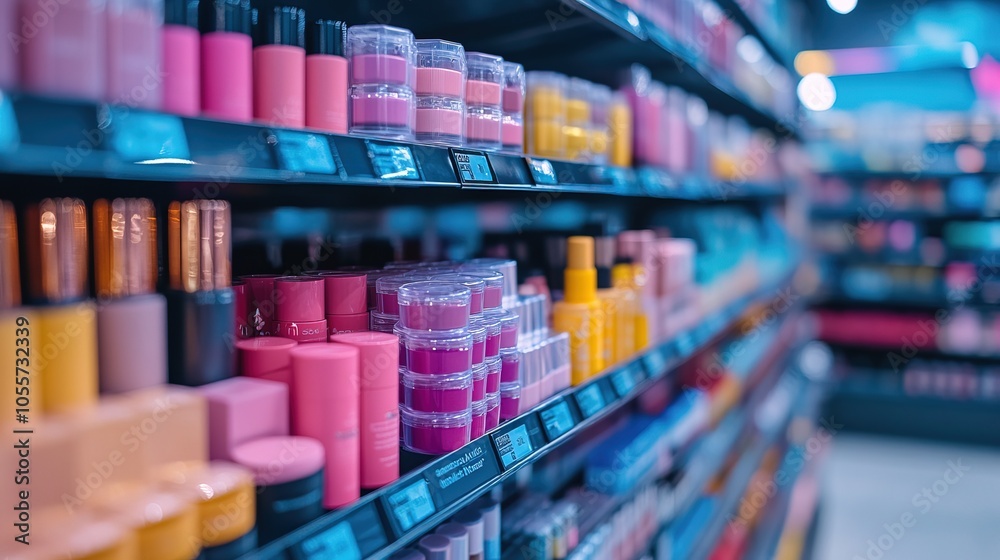 A vibrant display of various makeup products on shelves in a retail store A vibrant display of various makeup products on shelves in a retail store