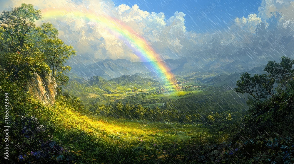 Vibrant Rainbow Over Scenic Landscape Vibrant Rainbow Over Scenic Landscape