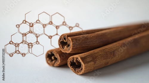 Cinnamon stick with overlay of cinnamaldehyde molecule, symbolizing flavor compounds, isolated on white photo