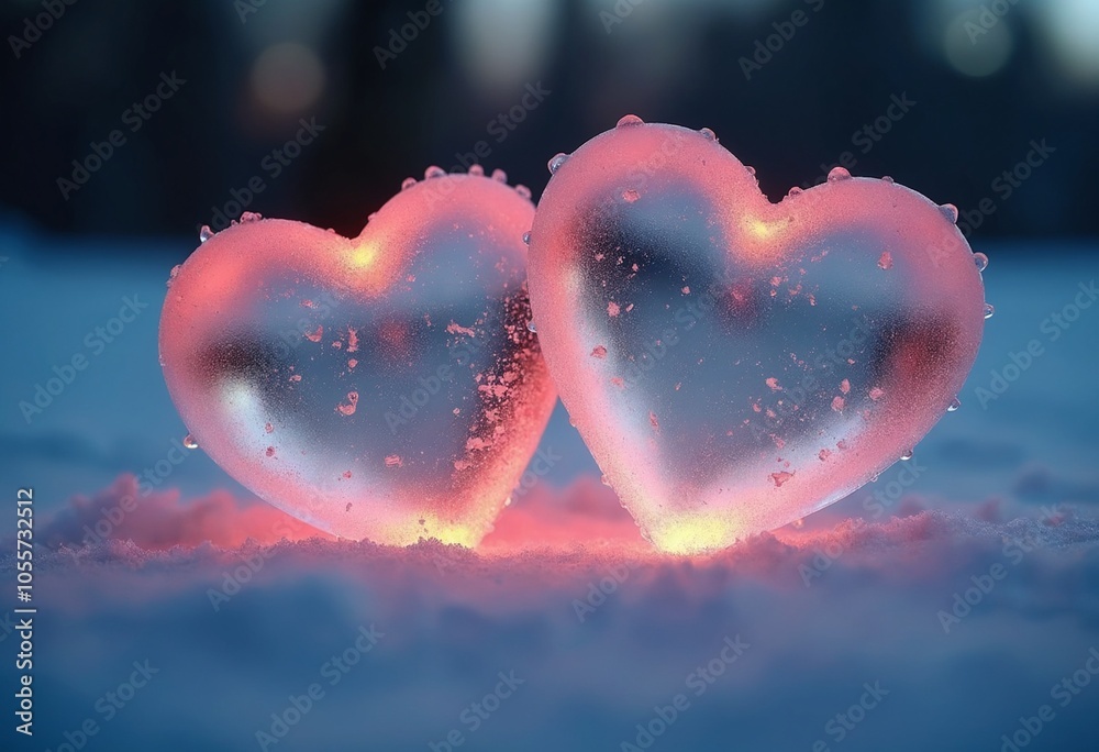 Fototapeta premium Two ice hearts glowing with warm light, symbolizing love and unity in a frozen setting