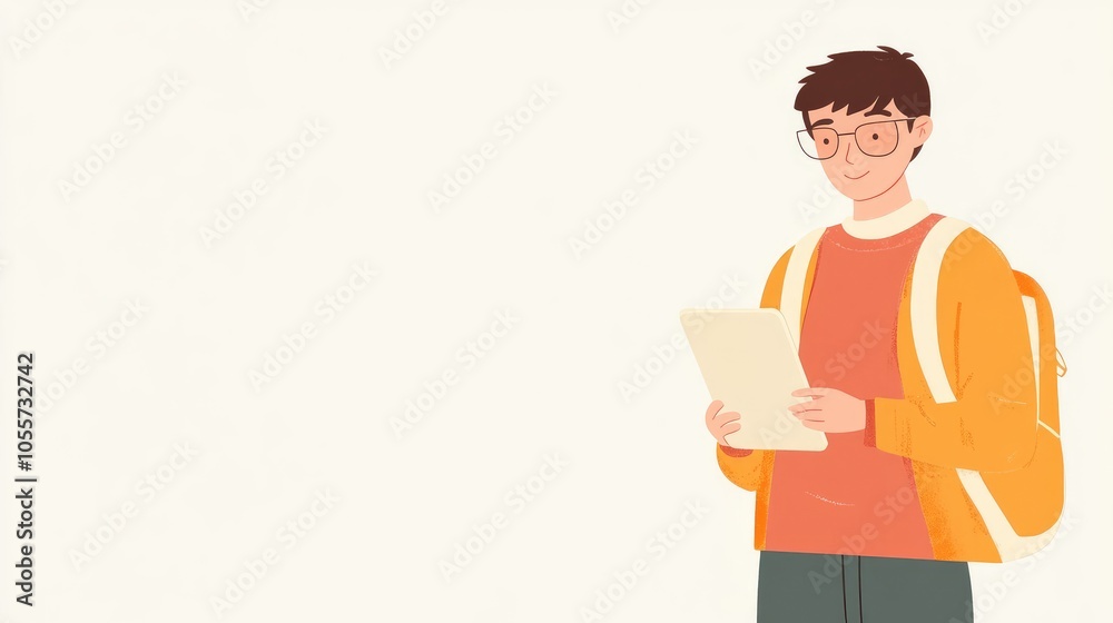Young Man with Glasses Holding iPad, Flat Design Vector Illustration of Student on White Background Young Man with Glasses Holding iPad, Flat Design Vector Illustration of Student on White Background