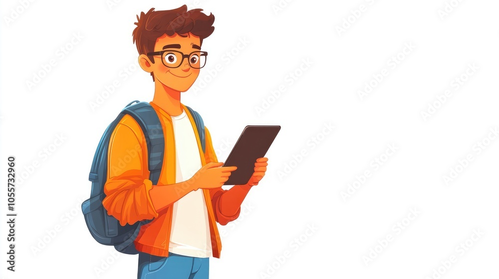 Young Man with Glasses Holding iPad, Flat Design Vector Illustration of Student on White Background Young Man with Glasses Holding iPad, Flat Design Vector Illustration of Student on White Background