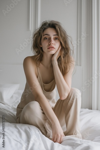 A woman is sitting on a bed in a white room. She is wearing a white dress and tan pants