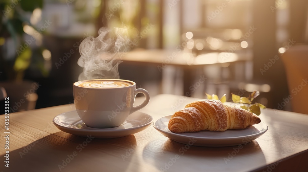 Steaming Coffee Cup with Croissant on Wooden Table