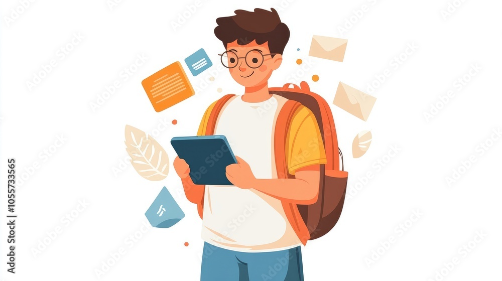 Young Man with Glasses Holding iPad, Flat Design Vector Illustration of Student on White Background Young Man with Glasses Holding iPad, Flat Design Vector Illustration of Student on White Background