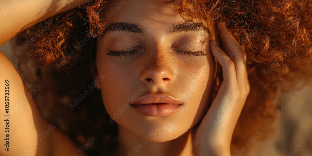 Fototapeta premium A woman with red hair and brown eyes is laying on the beach. She has a relaxed and carefree expression on her face