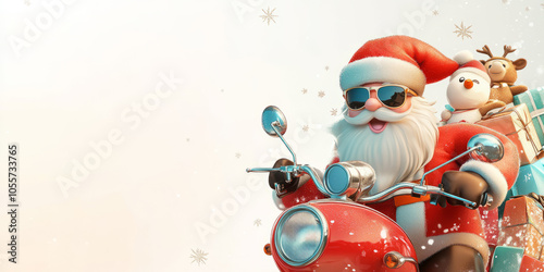 Smiling Santa Claus riding motorbike near a decorated Christmas tree with toys and ornaments,Christmas Design,Generated By Ai