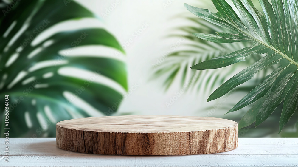 Natural wood podium on a table, surrounded by soft shadows of green leaves, creating a simple, eco-friendly, and natural presentation setting. Natural wood podium on a table, surrounded by soft shadows of green leaves, creating a simple, eco-friendly, and natural presentation setting.