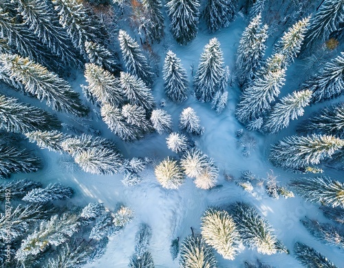 Aerial view of winter forest with snow covered everywhere. Winter landscape top view