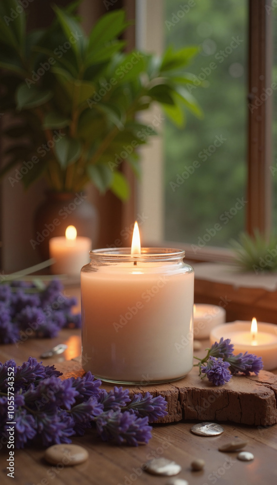 Cozy Scented Candle with Lavender in Warm Earthy Tones For Relaxation and Wellness