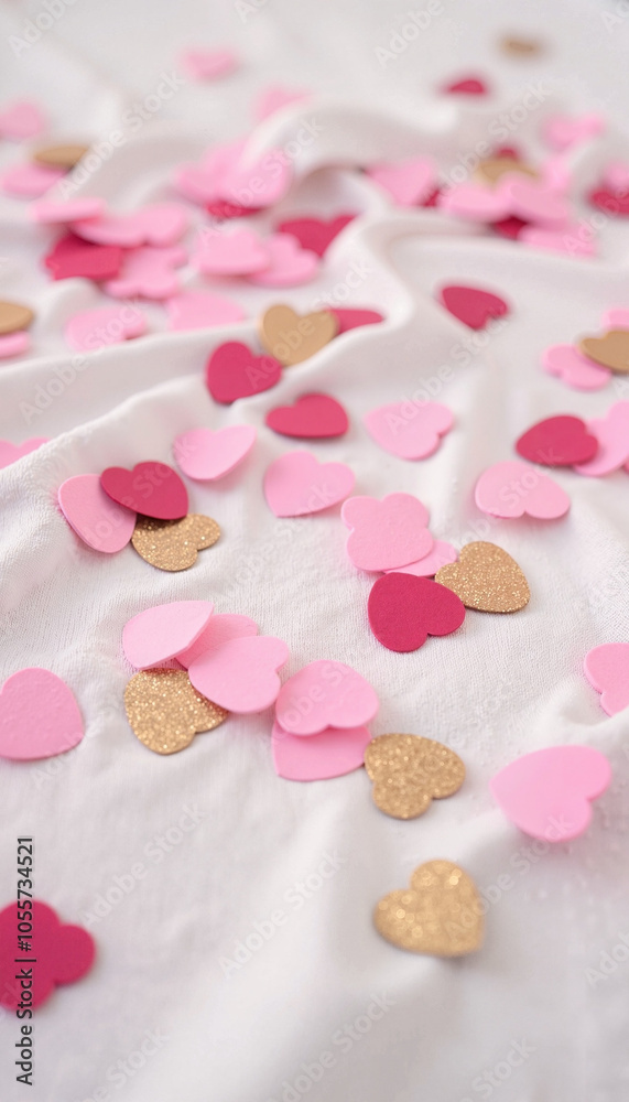 Obraz premium Paper Heart Confetti in Pink and Gold Glitter on White Fabric
