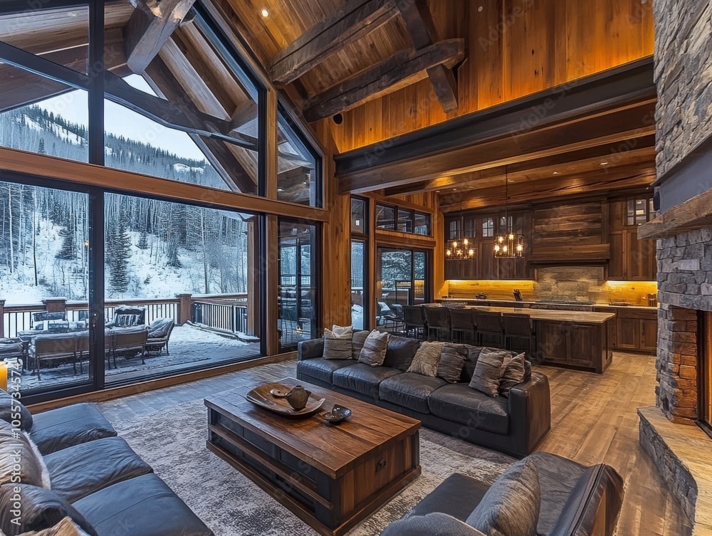 A warm, rustic lodge-style living room with a mountain view through large windows, featuring wooden decor, a stone fireplace, and cozy seating. A warm, rustic lodge-style living room with a mountain view through large windows, featuring wooden decor, a stone fireplace, and cozy seating.