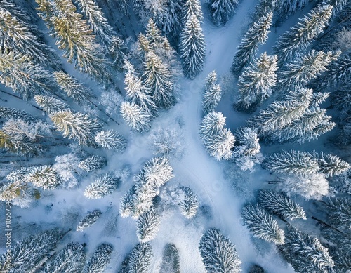 Aerial view of winter forest with snow covered everywhere. Winter landscape top view