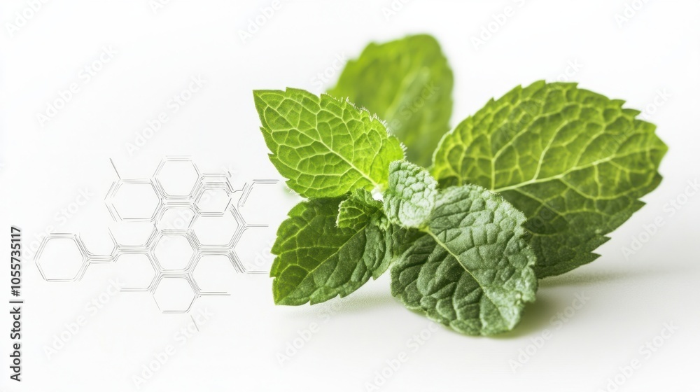 Mint leaf with menthol molecular structure, showing natural aroma compounds, isolated on white Mint leaf with menthol molecular structure, showing natural aroma compounds, isolated on white