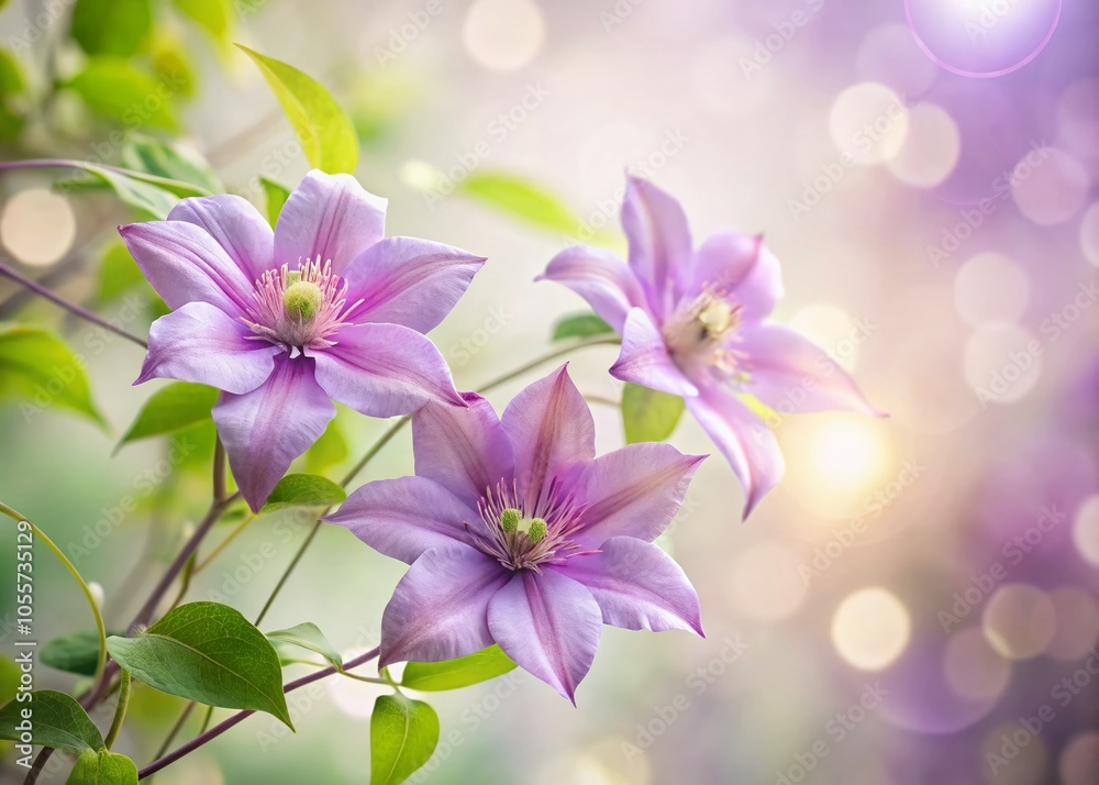 Obraz premium Beautiful Lilac Clematis Blooms in Minimalist Style - Nature Photography for Home Decor and Floral Aesthetics