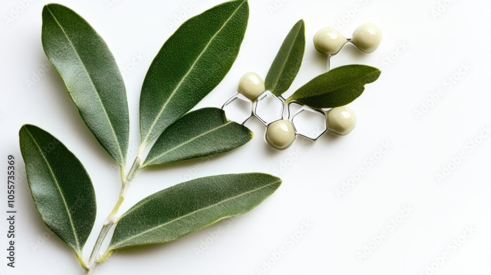 Fototapeta Olive leaf with oleuropein molecular structure, highlighting heart health properties, isolated on white