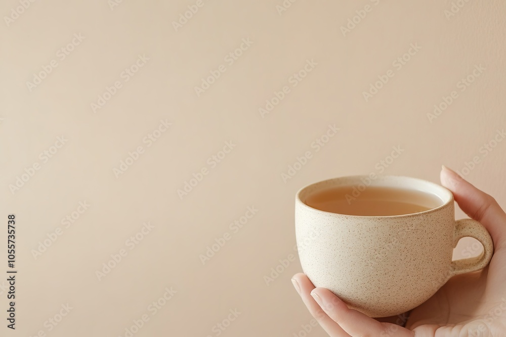 Warm tea cup in hands with soft beige background Warm tea cup in hands with soft beige background