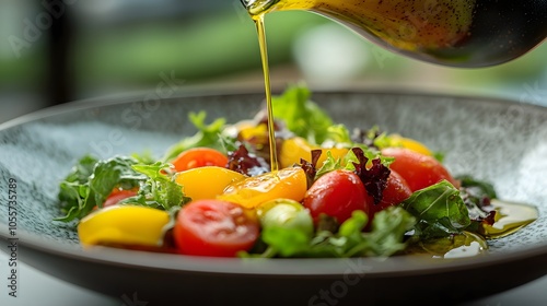 Fresh vegetable salad featuring cherry tomatoes, mixed greens, lettuce, olive oil dressing, and bell peppers, styled on white plate with natural lighting and shallow depth of field.