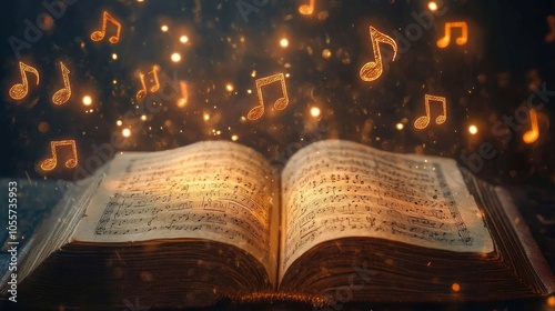 Bright musical notes rising from an open ancient book of songs, representing the majestic, timeless power of classical symphonies.