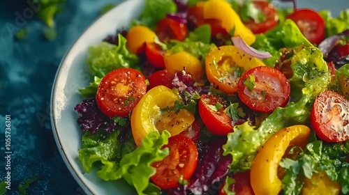 Fresh vegetable salad featuring cherry tomatoes, mixed greens, lettuce, olive oil dressing, and bell peppers, styled on white plate with natural lighting and shallow depth of field.