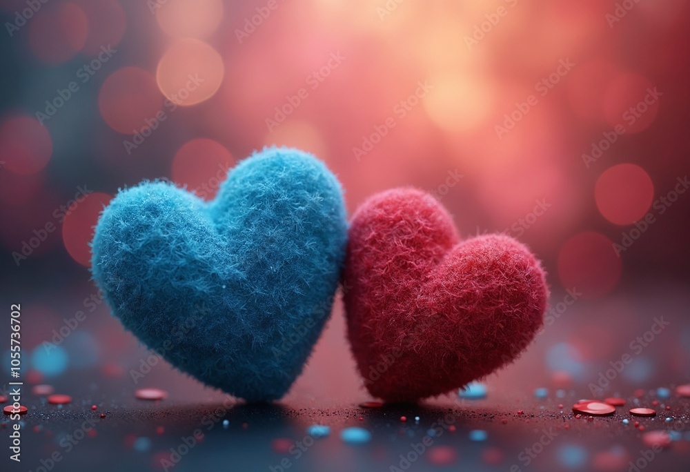 Two textured hearts, one blue and one red, set against a vibrant bokeh background Two textured hearts, one blue and one red, set against a vibrant bokeh background