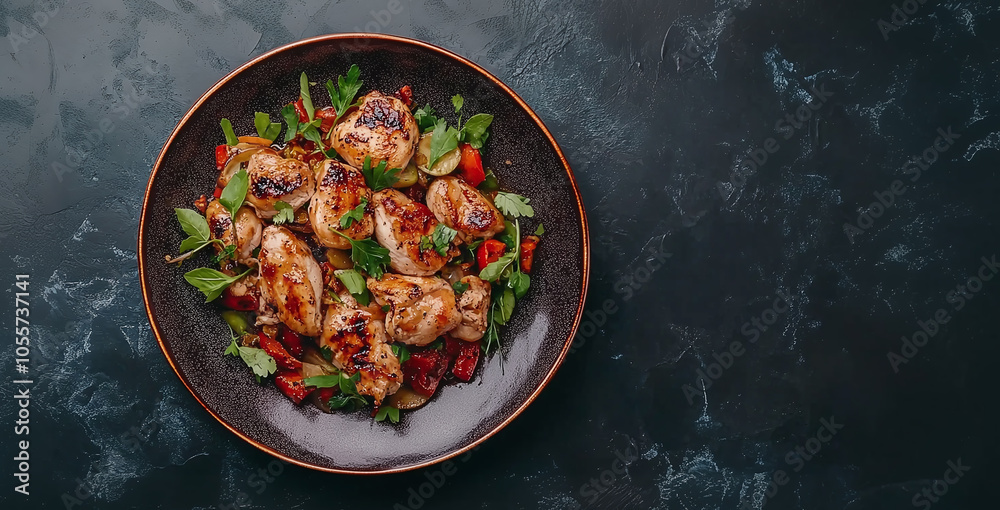 Grilled chicken served with fresh vegetables and herbs on a dark plate, highlighting a healthy and flavorful meal.