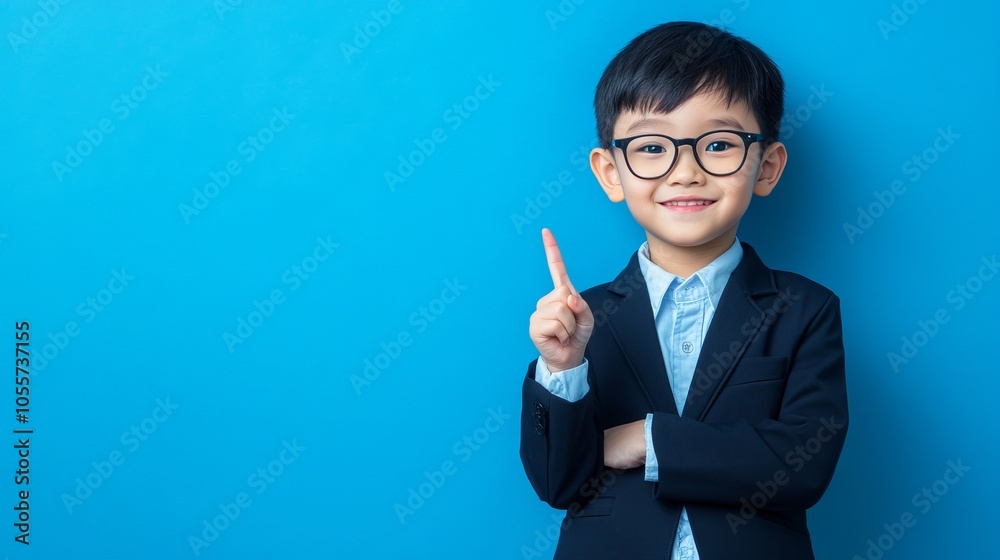 Portrait of a Smiling Boy in a Suit Pointing Up Portrait of a Smiling Boy in a Suit Pointing Up