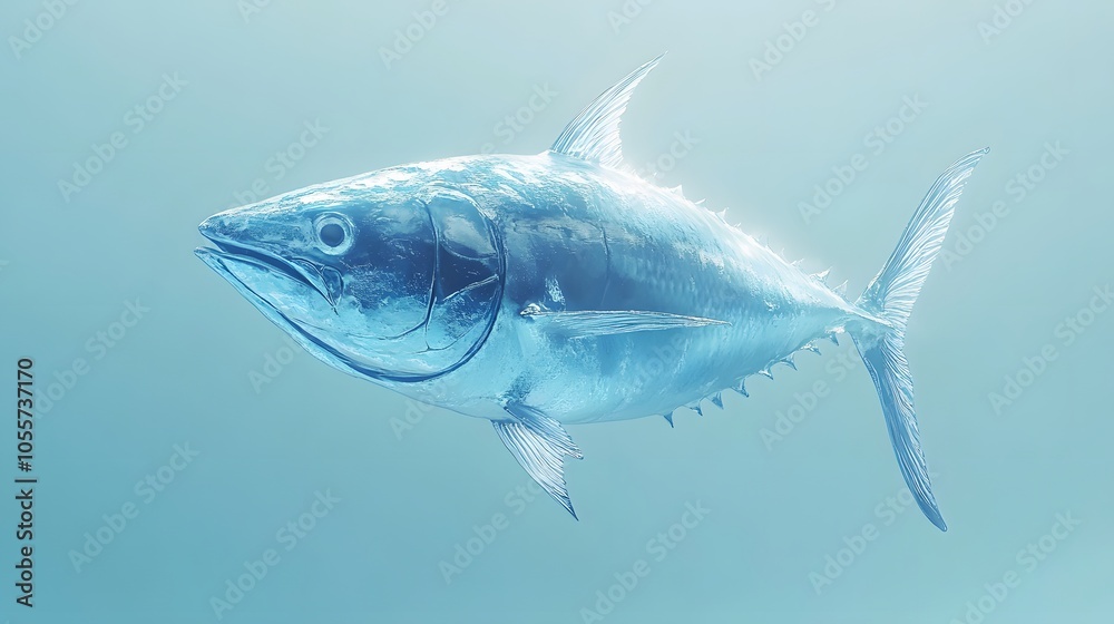 Naklejka premium Hyperrealistic bluefin tuna illustration on light blue background, showcasing detailed scales, fins, and metallic silver sheen in professional studio lighting conditions.