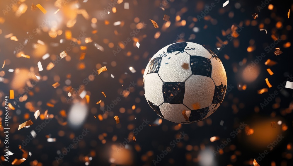 Fototapeta premium Soccer Ball Flying in the Air with Stadium Lights and Confetti, High-Quality Football Match Illustration