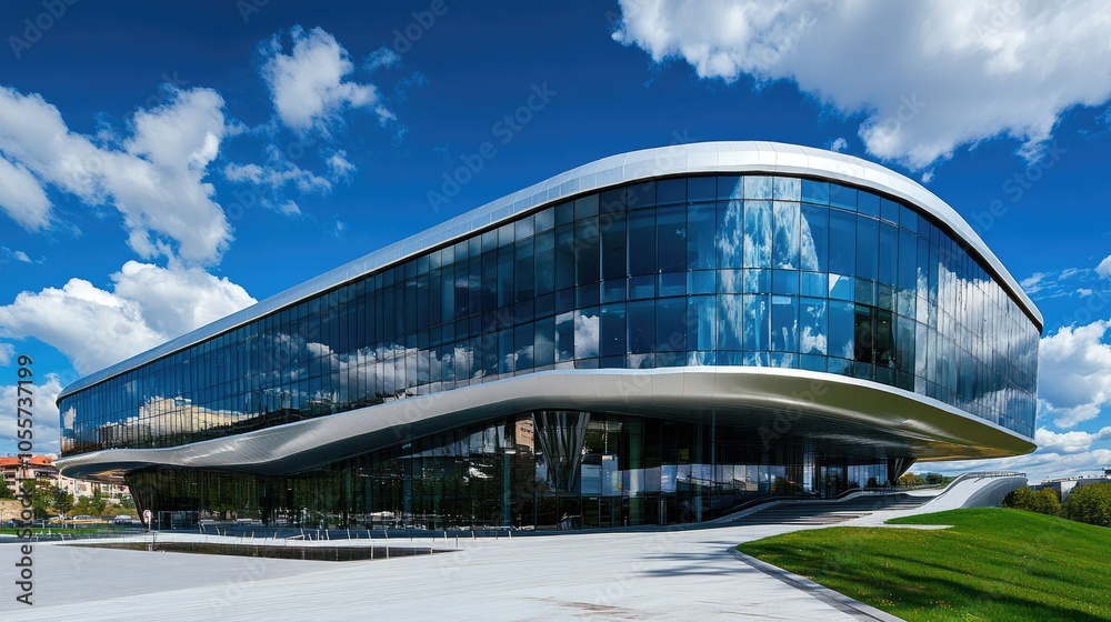 Contemporary office building with glass facades reflecting the bright blue sky and white clouds, creating a futuristic feel. Contemporary office building with glass facades reflecting the bright blue sky and white clouds, creating a futuristic feel.
