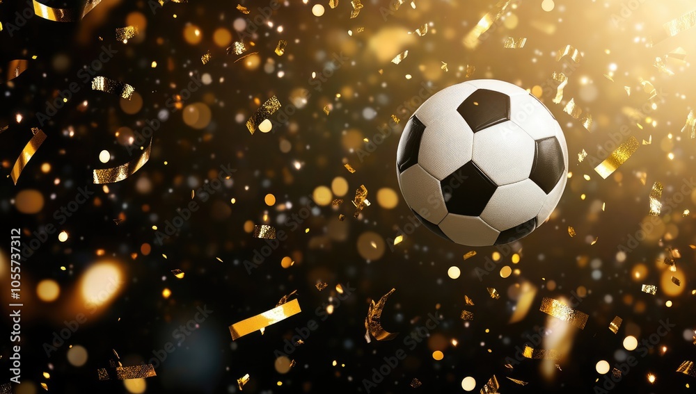 Naklejka premium Soccer Ball Flying in the Air with Stadium Lights and Confetti, High-Quality Football Match Illustration