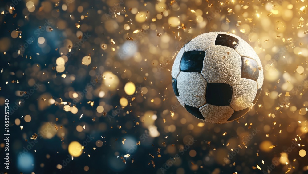 Fototapeta premium Soccer Ball Flying in the Air with Stadium Lights and Confetti, High-Quality Football Match Illustration