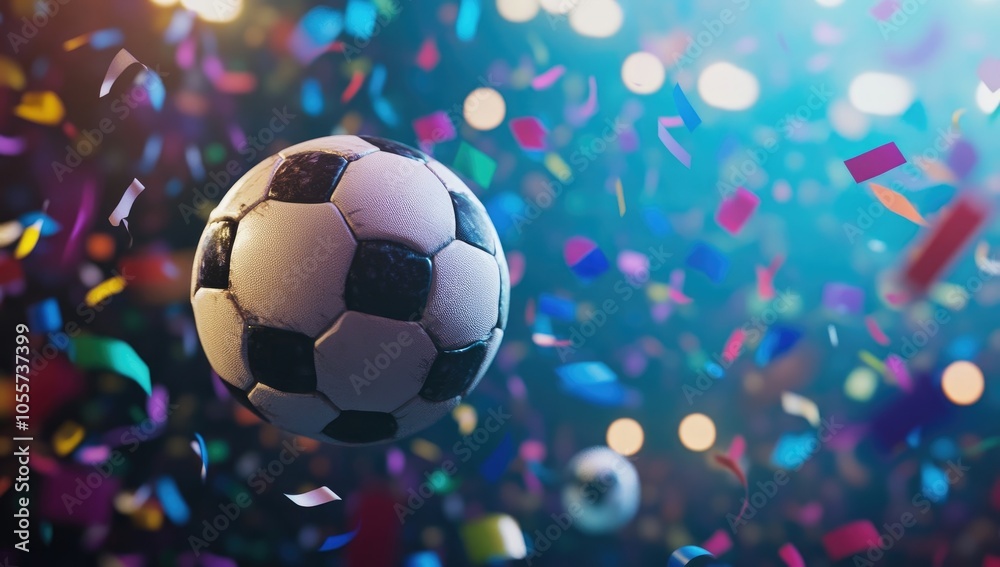 Fototapeta premium Soccer Ball Flying in the Air with Stadium Lights and Confetti, High-Quality Football Match Illustration