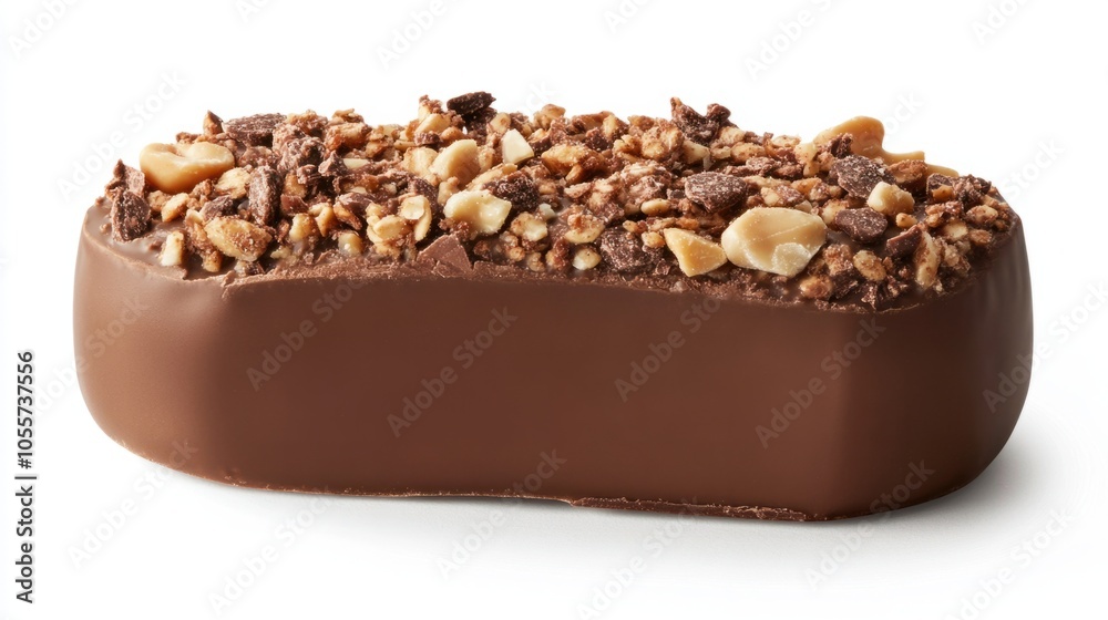 Close-up of chocolate-coated protein bar with granola and peanut toppings, showing indulgent textures, isolated on white Close-up of chocolate-coated protein bar with granola and peanut toppings, showing indulgent textures, isolated on white