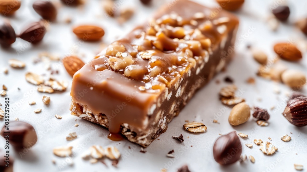 Close-up of protein bar with caramel, nuts, and oats, showing rich, natural ingredients, isolated on white Close-up of protein bar with caramel, nuts, and oats, showing rich, natural ingredients, isolated on white