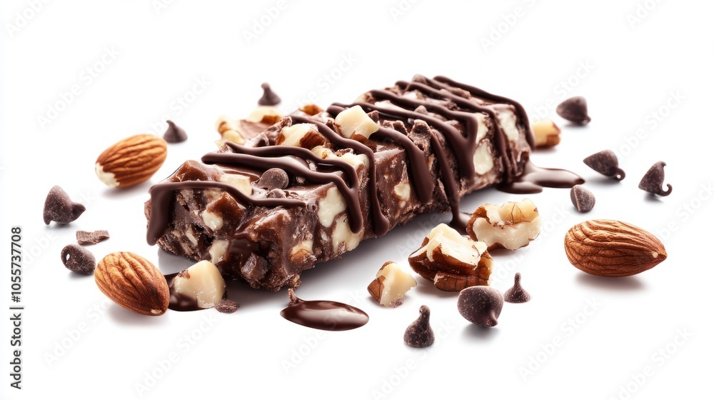Close-up of protein bar with chocolate drizzle and nut chunks, highlighting a delicious snack, isolated on white Close-up of protein bar with chocolate drizzle and nut chunks, highlighting a delicious snack, isolated on white