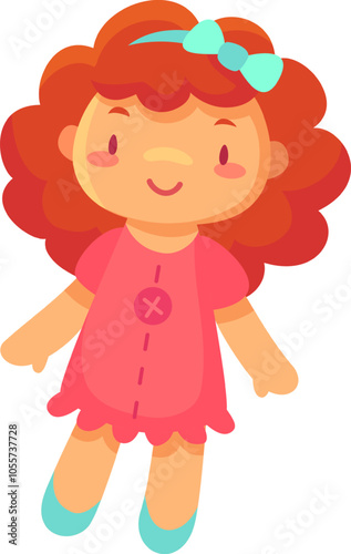 Cartoon illustration of a cute ragdoll smiling and wearing a pink dress, perfect for children s books, websites, and more